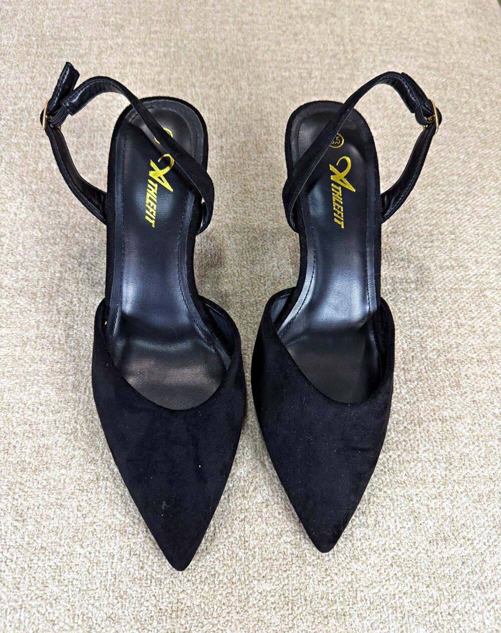 Athlefit Women’s Black Suede Slingback Pointed Toe Ankle Strap Buckle 8.5